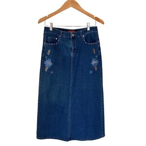 Vintage Govanni Denim Midi Skirt Embroidered Bees Flowers Blue Jeans Women's